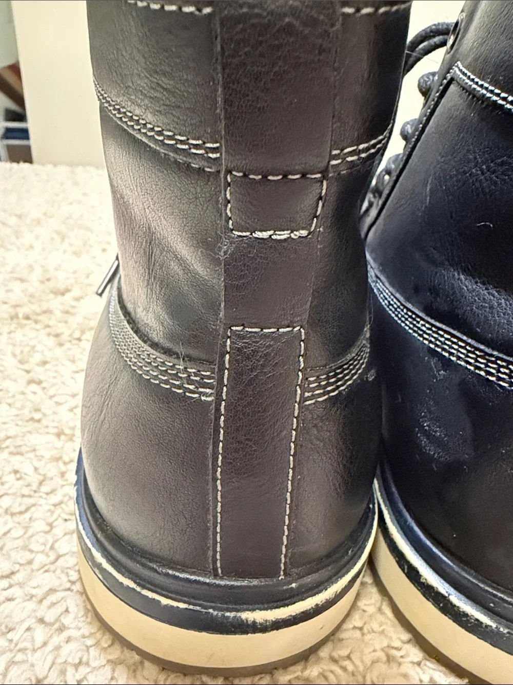 Men's Black Leather Lace-Up Boots with Gray Fabric Collar